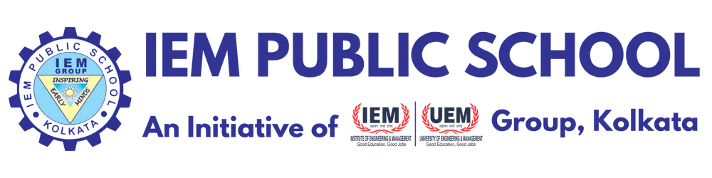 IEM Public School logo showing blue gear emblem with IEM Group triangle and large "IEM PUBLIC SCHOOL" text